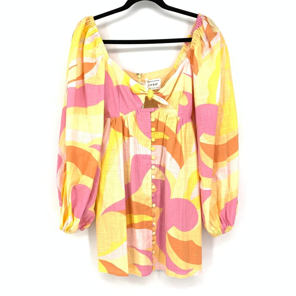 Sabo Alya Babydoll Dress Women's Sz US 2 Long Sleeve Mini Tie Front Yellow Pink